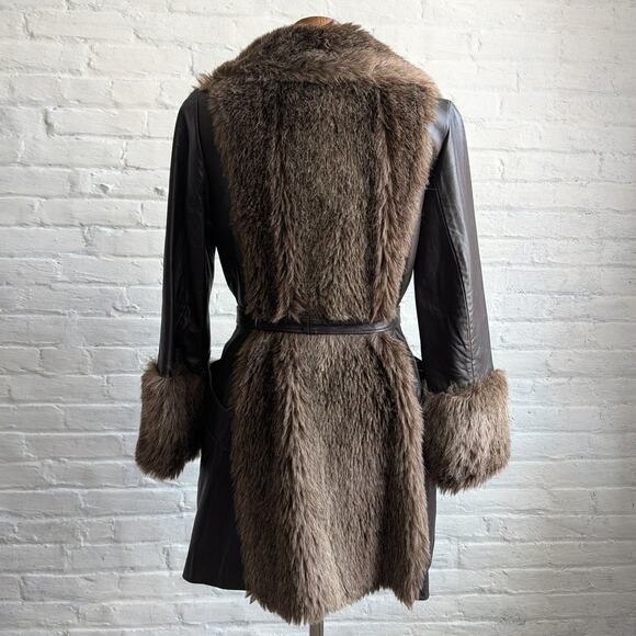 70s Vintage Black Brown Leather Penny Lane Coat Faux Fur Groovy Boho Moto Jacket - Picture 3 of 13